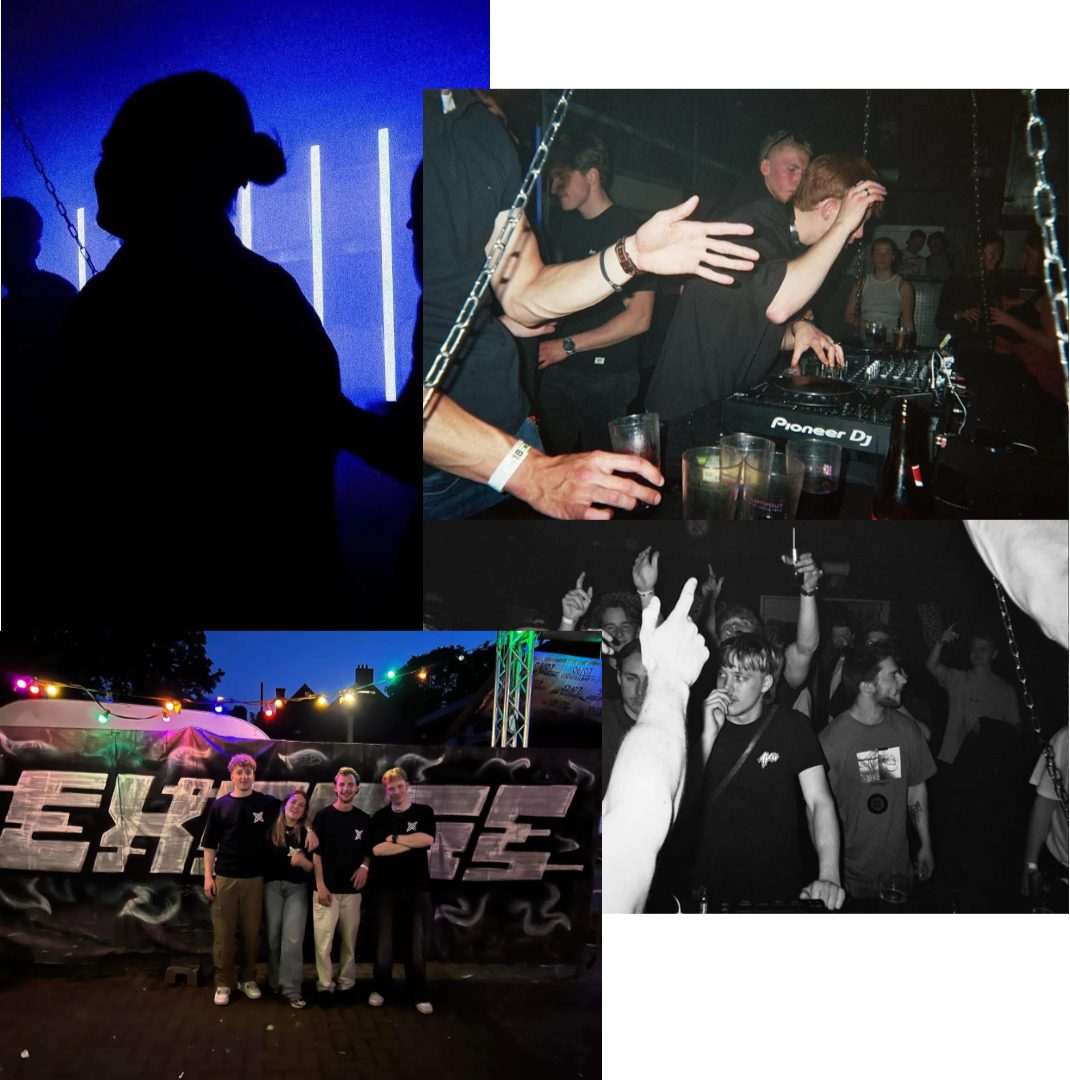 Collage van Expose Events: dj-booth, publiek en het team voor een graffitimuur