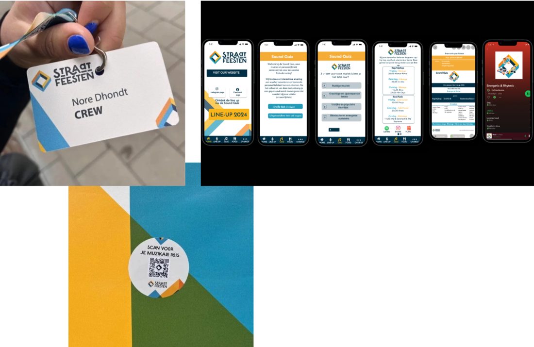 Collage: crewbadge van De Straatfeesten, app-schermen van het prototype en een sticker met QR-code
