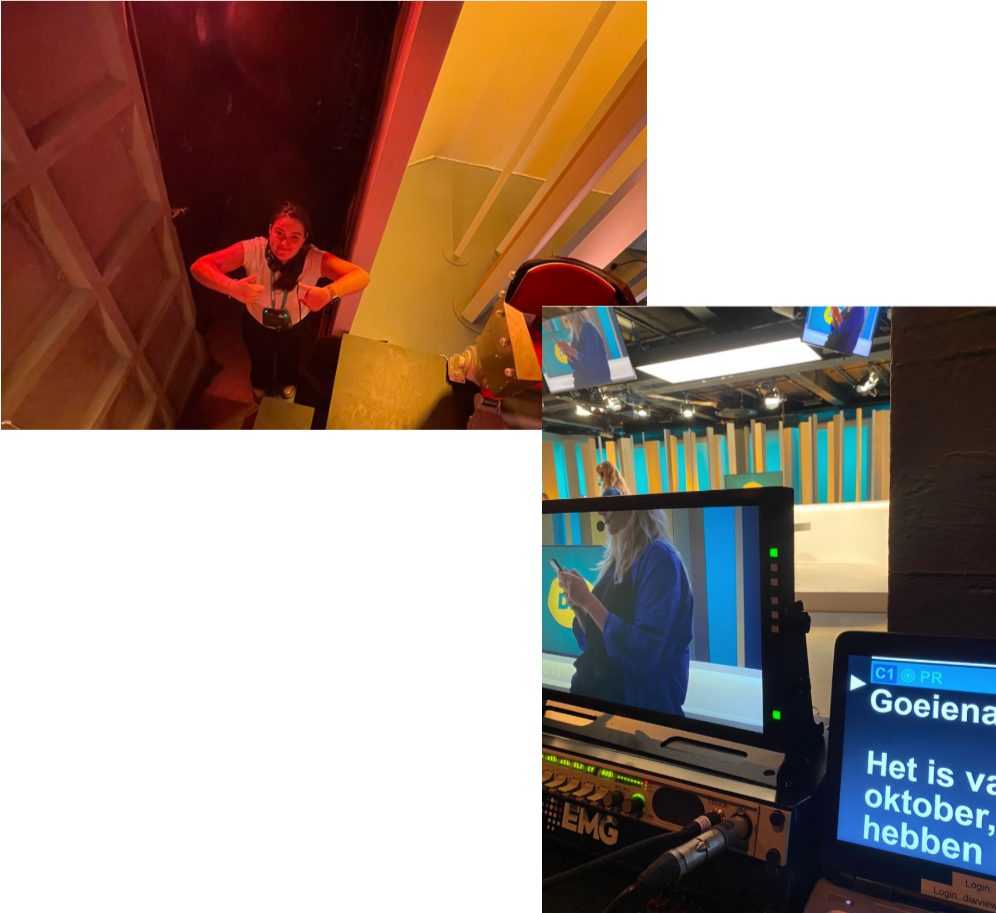 Collage: backstage op de set en een regiemonitor tijdens de opnames